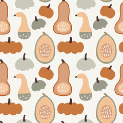 Wall Mural - Seamless pattern with various colorful whole and cut pumpkins. Thanksgiving or Halloweeen concept. Autumn vegetable tile design for textile, fabric and scrapbooking. Vector illustration background.