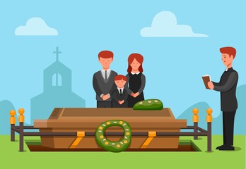 funeral ceremonial in christian religion. people sad family member passed away concept scene illustration in cartoon vector