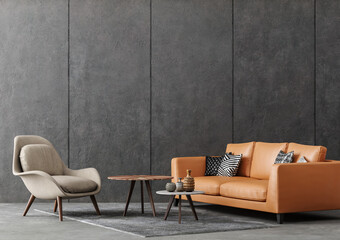 Living room interior in loft, industrial style, 3d render
