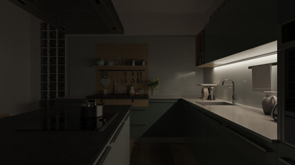 Nighttime Rendering of a Dimly Illuminated Kitchen 3D Rendering