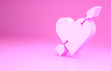 Poster - Pink Amour symbol with heart and arrow icon isolated on pink background. Love sign. Valentines symbol. Minimalism concept. 3d illustration 3D render.