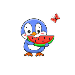 Cute summer penguin eating watermelon. Vector Illustration.