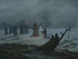 Poster - Digital painting of a witch cult ritual in a secluded field on a dark foggy night - digital fantasy illustration
