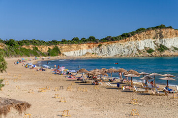 Picturesque sandy Gerakas beach - a breeding site of the caretta sea turtles, situated on Vassilikos peninsula of Zakynthos island on Ionian Sea, Greece.