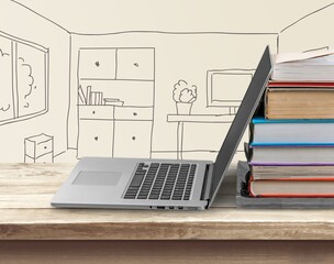 Wall Mural - Stack of books with modern laptop on table