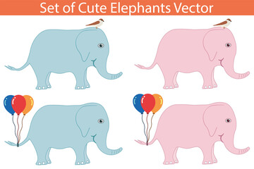  Set of cute elephant vector. Blue and pink elephants with balloons and birds on isolated white background.