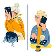 © Sanem - Remote communication concept. Older ladies talking on mobile phone. Family love, relationship, support, communication on distance. Color illustration in modern flat style.