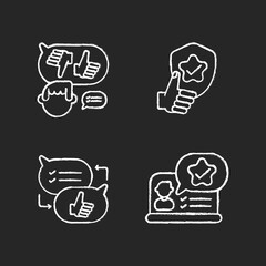 Sticker - Social communication chalk white icons set on black background. Decision making, reliability, criticism and feedback. Communication skills development. Isolated vector chalkboard illustrations