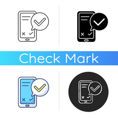 Sticker - Smartphone service check icon. Update mobile phone. Checkmark for right answer on online survey poll. Internet form transaction. Linear black and RGB color styles. Isolated vector illustrations