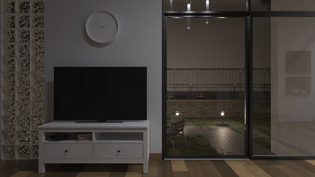 Nighttime Rendering of the Television Set Inside an Illuminated Room with Glass Doors 3D Rendering