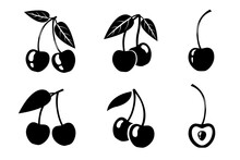 Set Of Cherry Silhouettes. Black And White Shapes Isolated On White Background. Stock Vector Illustration.