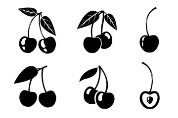 Set of cherry silhouettes. Black and white shapes isolated on white background. Stock vector illustration.