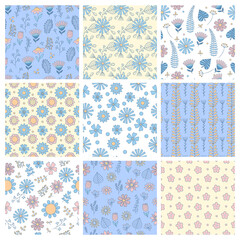 Poster - Floral pattern. Geometrical simple shapes botanical forms flowers leaves branches nature vector seamless background. Pattern botanical floral, flower blossom natural, foliage leaf illustration