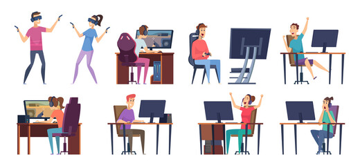 Poster - Cybersport players. Gamers playing in video games on pc in streaming studio vector cybersport characters. Online gamer, game pc, cybersport computer illustration