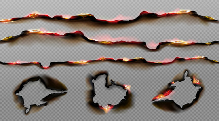 Poster - burnt paper edges with fire and black ash. vector realistic set of borders and frames from scorched 