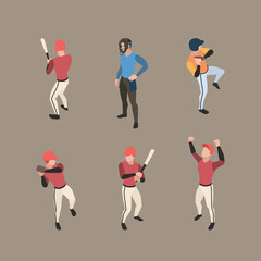 Poster - Baseball players. Sport people running bases pitcher baseball vector characters isometric in action poses. Illustration player baseball, pitcher and catcher