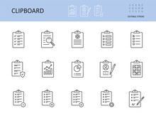 Vector Clipboard Icon. Editable Stroke. To-do List, Check Sheet And Pencil Pen. Icons Registration Form, Test Questionnaire Survey. Checklist With Gears Magnifier Graph Chart, Data Protection Privacy