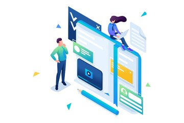 Poster - Young people are engaged in self-education, online training. 3D isometric. Concept for web design