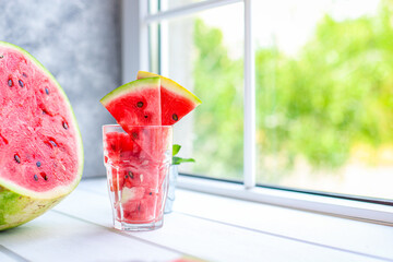 watermelon slices pieces red ripe berry juicy sweet dessert fruit food background top view copy space for text organic eating healthy 