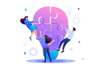 Poster - Young team Creates an idea, teamwork, Brainstorm. Flat 2D character. Concept for web design