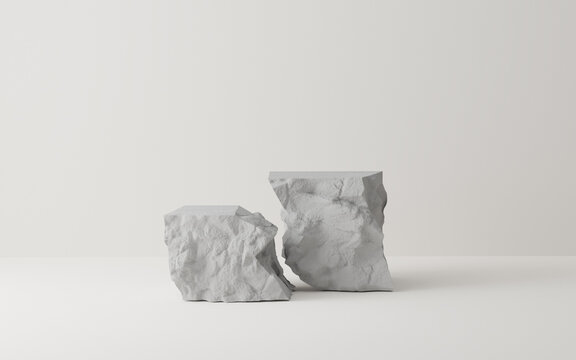 3D Gray stone podium display set. Copy space white background. Cosmetics or beauty product promotion mockup.  Natural rough grey rock step pedestal. Trendy minimalist banner, 3D render illustration.