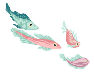 Wall Mural - set of sea exotic fishes flat vector illustration isolated on white background