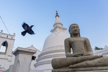 Low Angle View Of White Stone Stupa Of Sri Sudharmalaya Buddhist Temple And Buddha Statue Against Cloudless Blue Sky With Flying Bird In Galle City In Sri Lanka