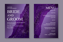 Modern Abstract Luxury Wedding Invitation Design Or Card Templates For Birthday Greeting Or Certificate Or Cover With Purple Liquid Marble Or Fluid Art And Metallic Splashes In Alcohol Ink Style.