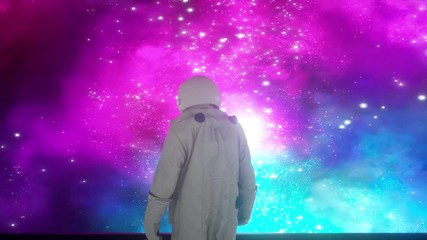 Wall Mural - alone astronaut in futuristic space corridor, room. view of the earth. cinematic 4k footage
