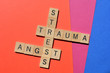 Stress, Trauma, Angst, words in wooden alphabet letters in crossword form on colourful background.