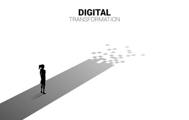 Poster - Silhouette of businesswoman standing on the way with pixel. concept of digital transformation of business.