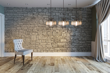 modern bright empty interior design, stone wall and wide window, for home, office, hotel. 3D rendering