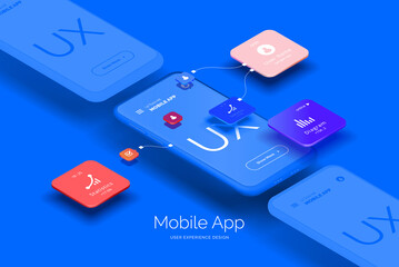 Fototapete - Mobile application design. Mobile phone mockup with a set of tools for creating a user interface. Layered illustration with mobile phones and mobile application parts. Isometric style