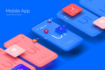 Poster - Mobile application design. Mobile phone mockup with a set of tools for creating a user interface. Layered illustration with mobile phones and mobile application parts. Isometric style