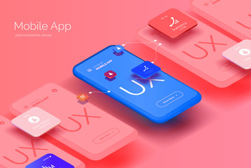 Fototapete - A set of mockups for smartphones with a user interface for a mobile application. Mobile application design for business. User Experience Development. Modern illustration isometric style