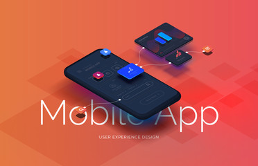 Poster - Black smartphone with mobile app interface design. User interface user experience development. Modern vector illustration isometric style