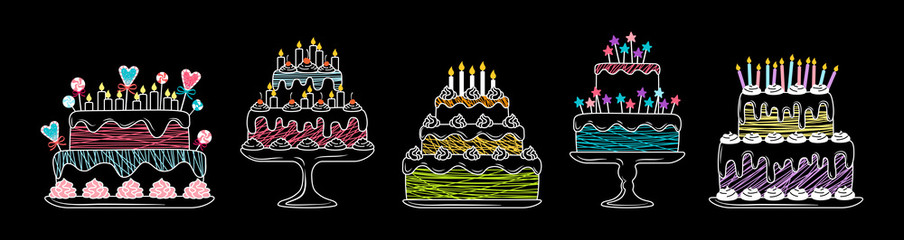 Birthday cakes linear flat set. Cartoon chalk graphic line delicious dessert. Party pie element, candles and chocolate slices, cream sweets. Vector illustration isolated on black background