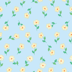 Wall Mural - abstract flowers hand drawn chamomile blossom sketch drawing seamless pattern on blue background des