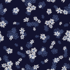 Wall Mural - abstract flowers hand drawn blue outline doodle chamomile blossom seamless pattern on navy backgroun
