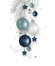Christmas Blue Balls Decoration With Fir Tree, Ribbon, Stars, Confetti Hanging Isolated On White Background. Xmas Holidays Ornament. Vector Illustration.