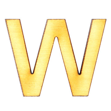 Letter W made of wood or plywood on a white background, isolate, english alphabet, close-up.