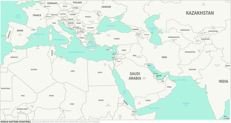  Middle Eastern Countries map. Detailed world Map Vector with Country,Capital,City Names.