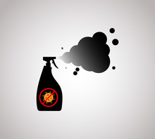 Disinfect And Clean Concept Icon. Spraying Anti-bacterial Spray From An Atomiser Bottle Over A Blue Background With Text, Colored Vector Illustration