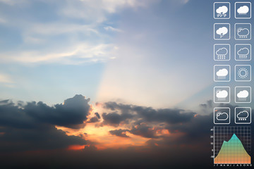 Wall Mural - weather forecast symbol data presentation with graph and chart on dramatic atmosphere panorama view 