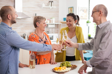 Family making a toast in kitchen with wine. Various chees on wooden plate.