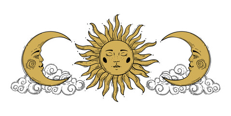 Wall Mural - magic concept, vintage sun and crescent pattern with face, gold and black, engraving stylized. illus