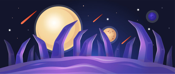 Wall Mural - Cosmic landscape with planet surface, falling asteroids and comets with craters.