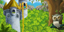 Cartoon Scene With Owl With Happy Princess Trapped In The Castle