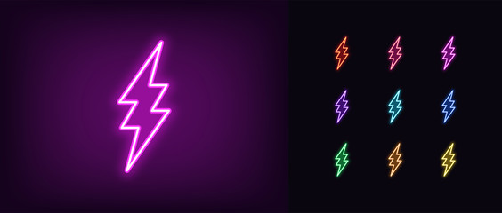 Wall Mural - Neon lightning icon. Glowing neon electric flash sign, electrical discharge