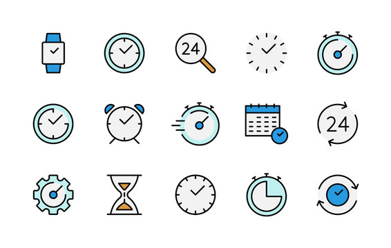 Time and clock color linear icons vector symbol set. Collection of time, clocks, timer, control, speed, alarm clock, calendar. Colorful icon set for websites and mobile phones white background.